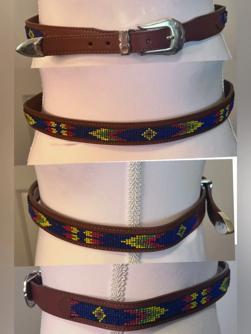 Beaded Brown Latigo Leather Belt Sz 28
